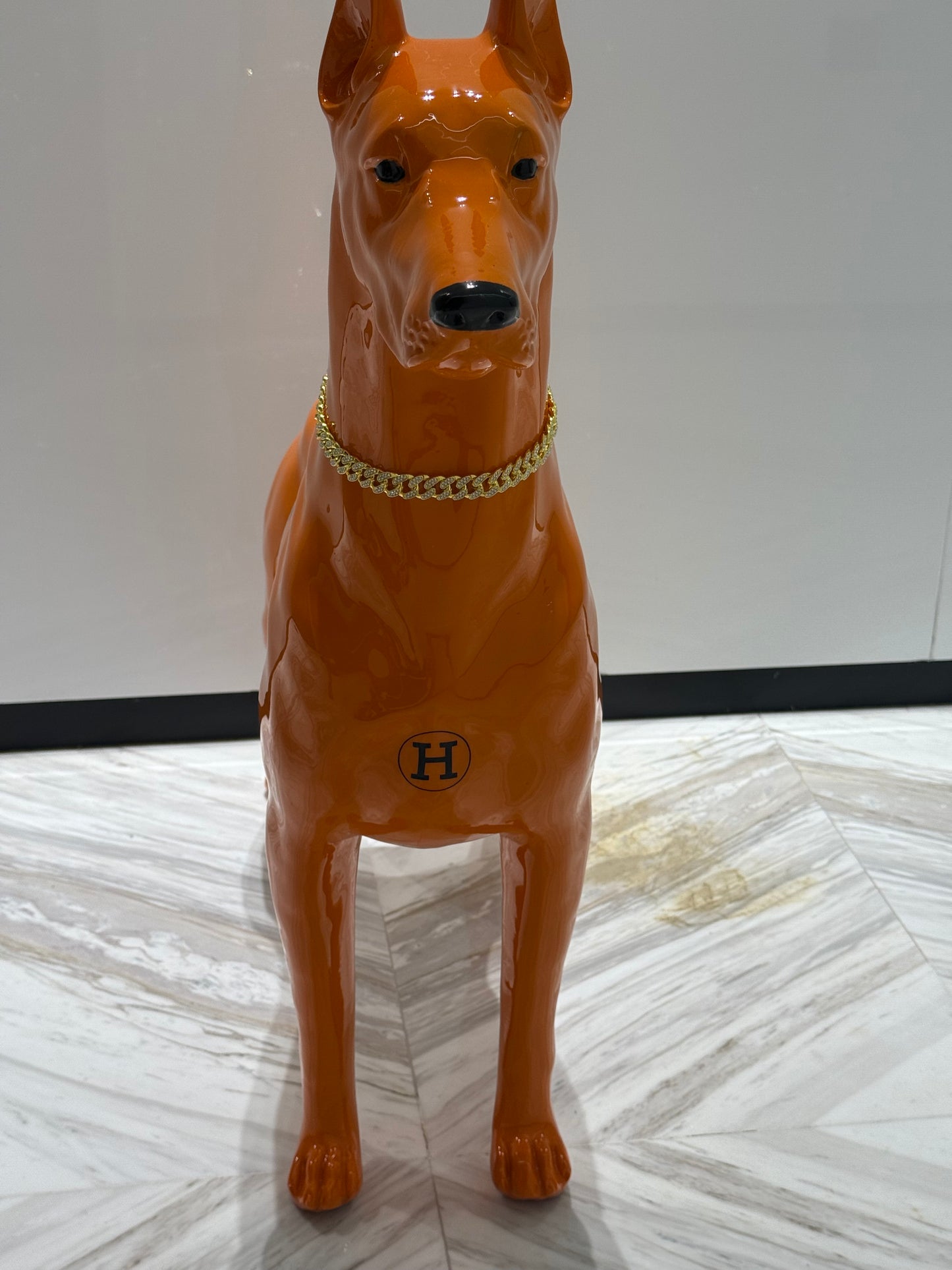 Luxury Orange Hermes Dog Sculpture with Designer Accents Limited 001