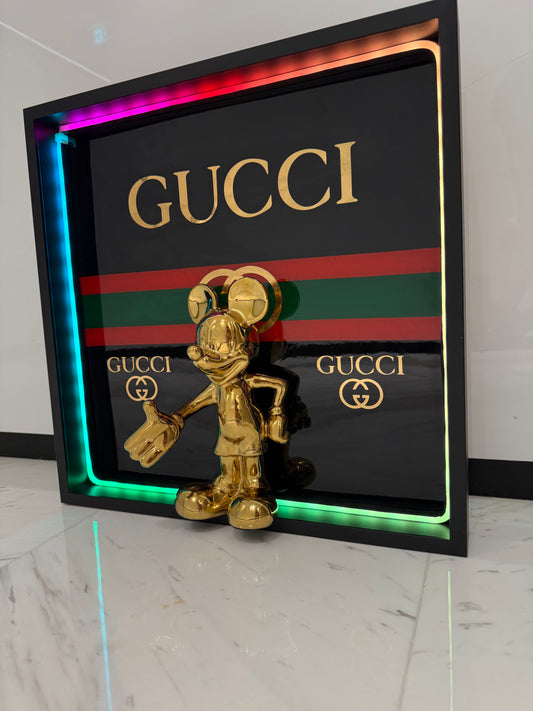 Golden Mickey in Gucci Box Frame with Light – Luxury Art That Shines