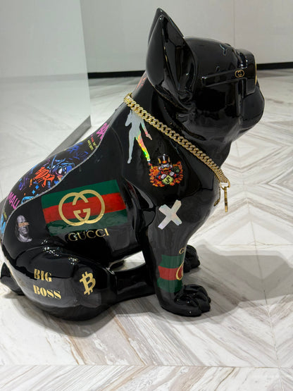 Black Gucci Dog Sculpture with Designer Accents