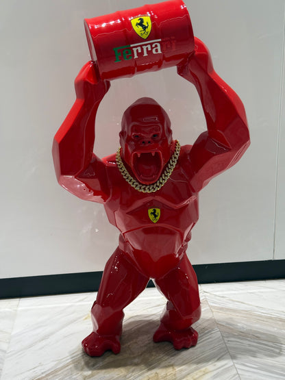 Red Ferrari Gorilla Sculpture with Barrel