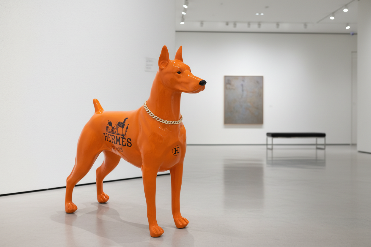 Luxury Orange Hermes Dog Sculpture with Designer Accents Limited 001