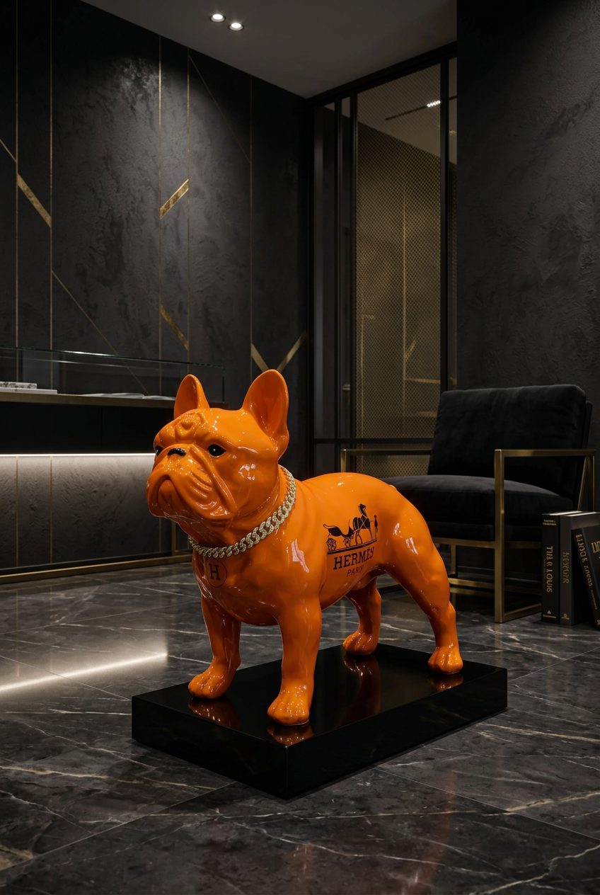 Orange Hermes Dog Sculpture with Designer Accents