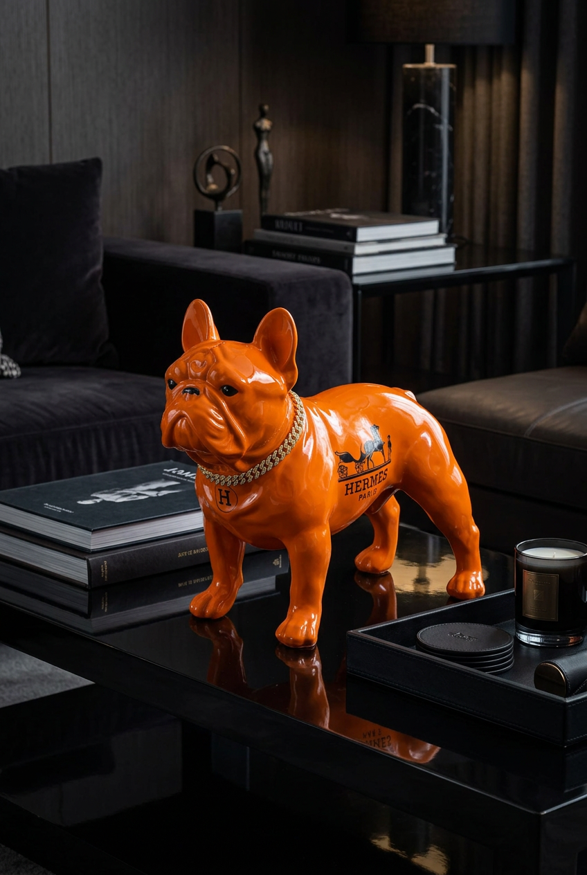 Orange Hermes Dog Sculpture with Designer Accents