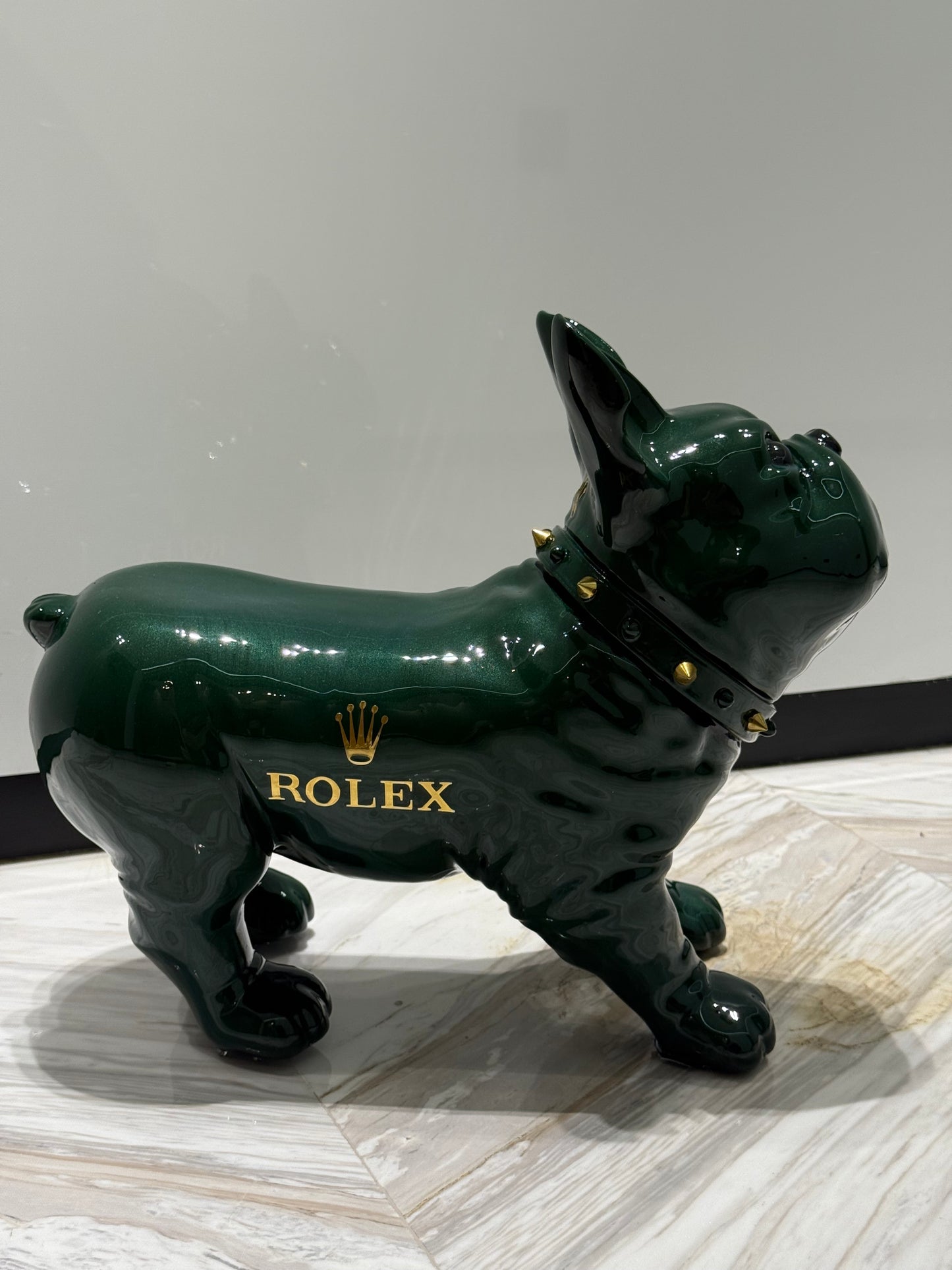 Green Rolex Dog Sculpture – Luxury Loyalty in Art Form