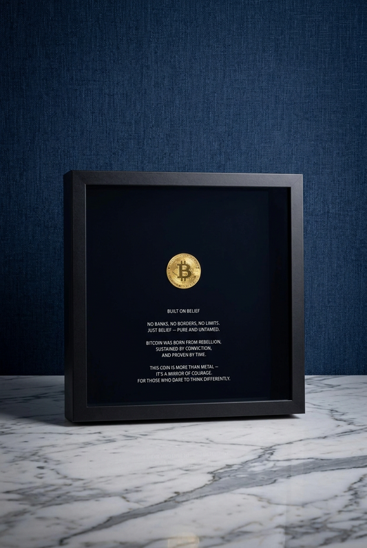 Built on Belief – Golden Bitcoin Box Frame