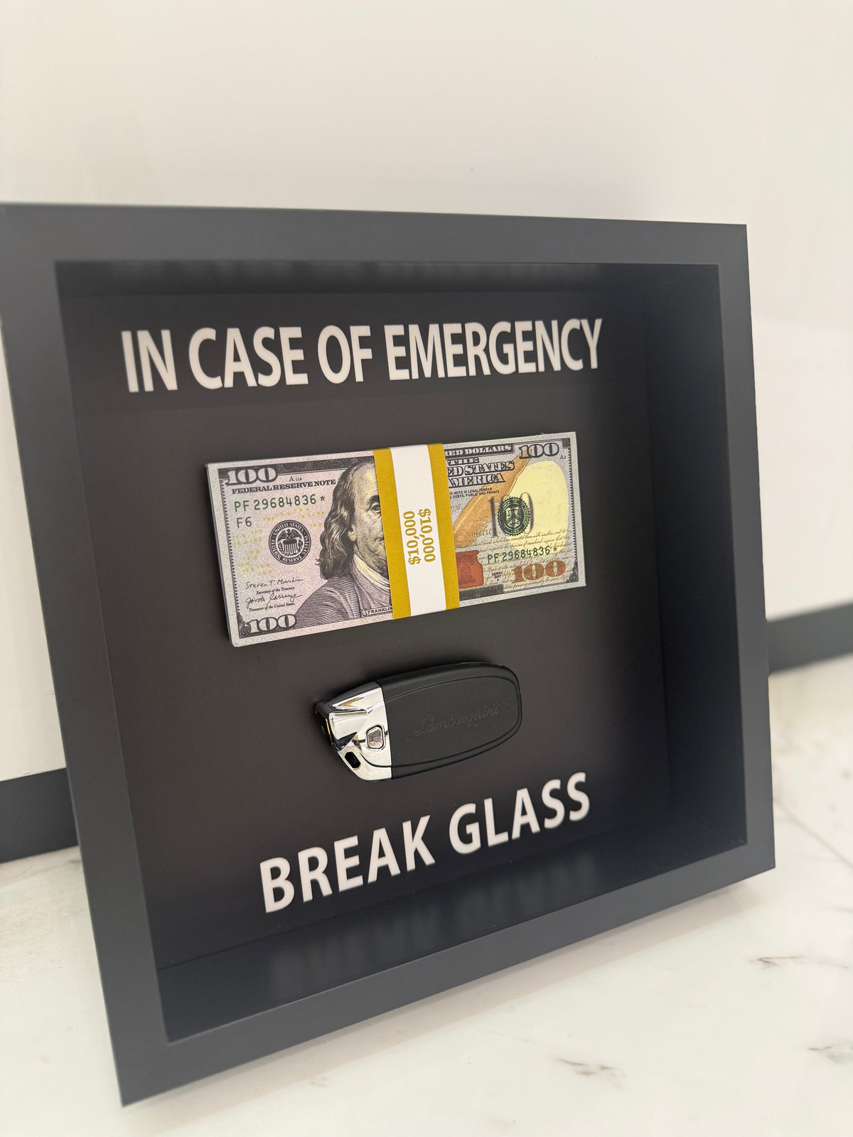 In Case of Emergency Box Frame – Lamborghini Key & Luxury Cash Stack