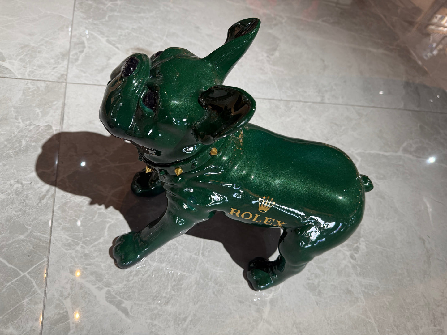Green Rolex Dog Sculpture – Luxury Loyalty in Art Form