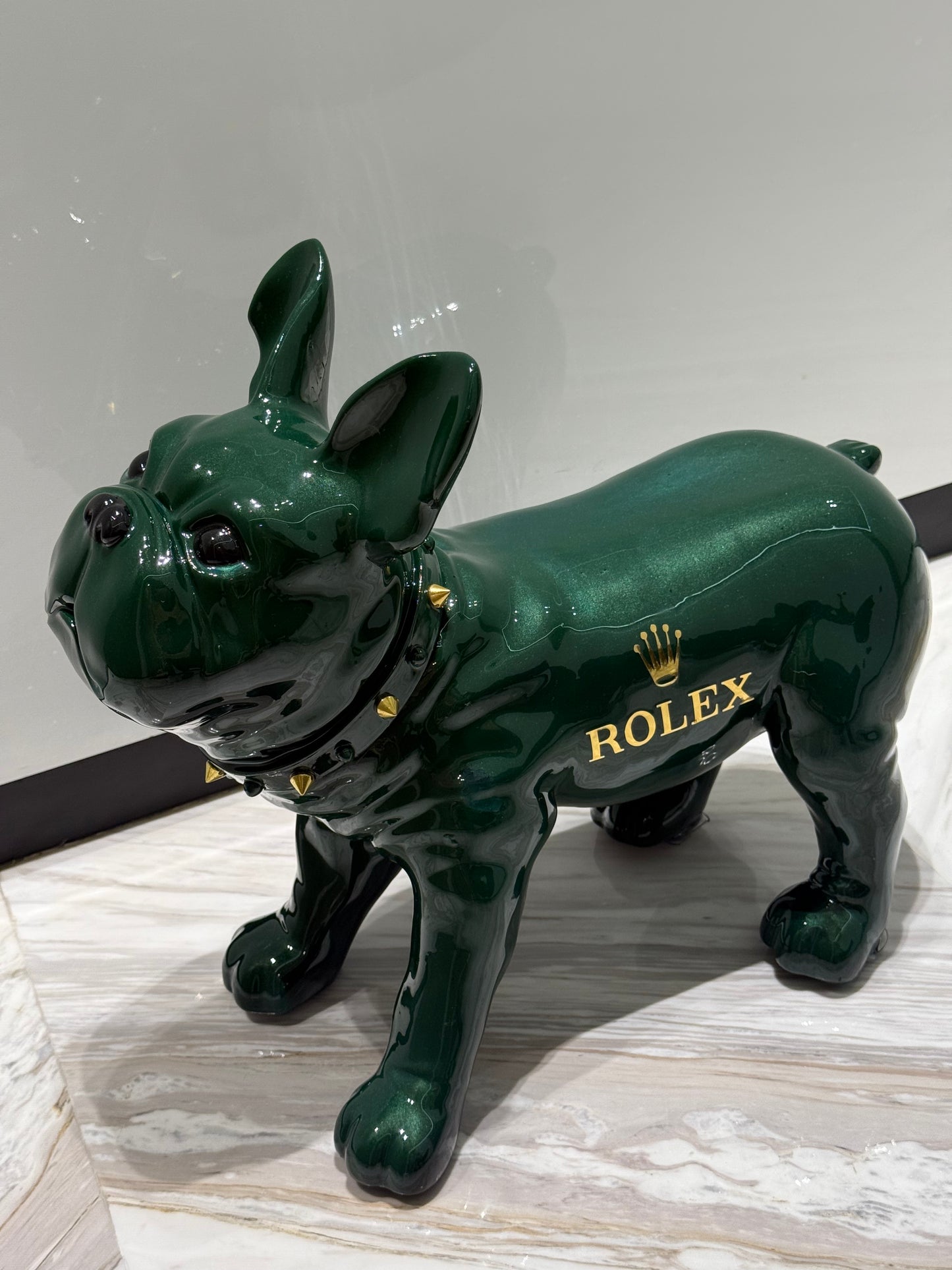 Green Rolex Dog Sculpture – Luxury Loyalty in Art Form