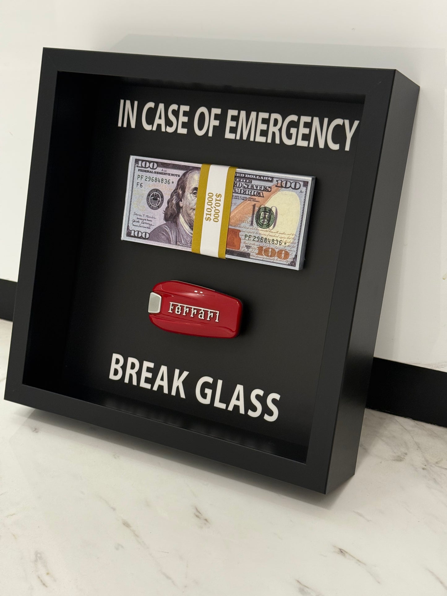 In Case of Emergency Box Frame – Ferrari Key & Luxury Cash Stack