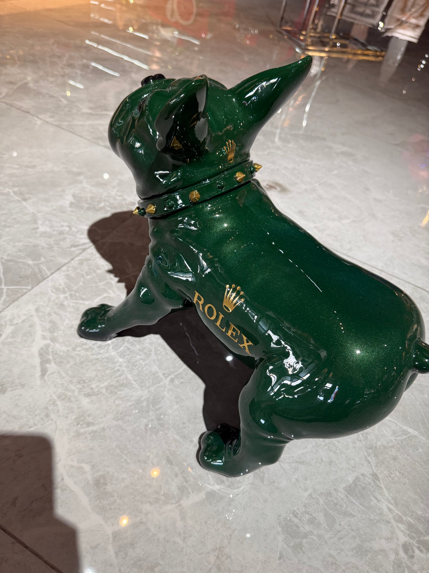 Green Rolex Dog Sculpture – Luxury Loyalty in Art Form