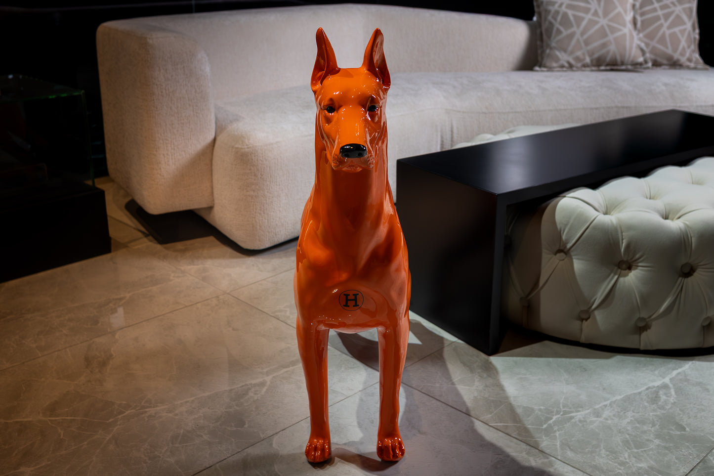 Luxury Orange Hermes Dog Sculpture with Designer Accents Limited 001