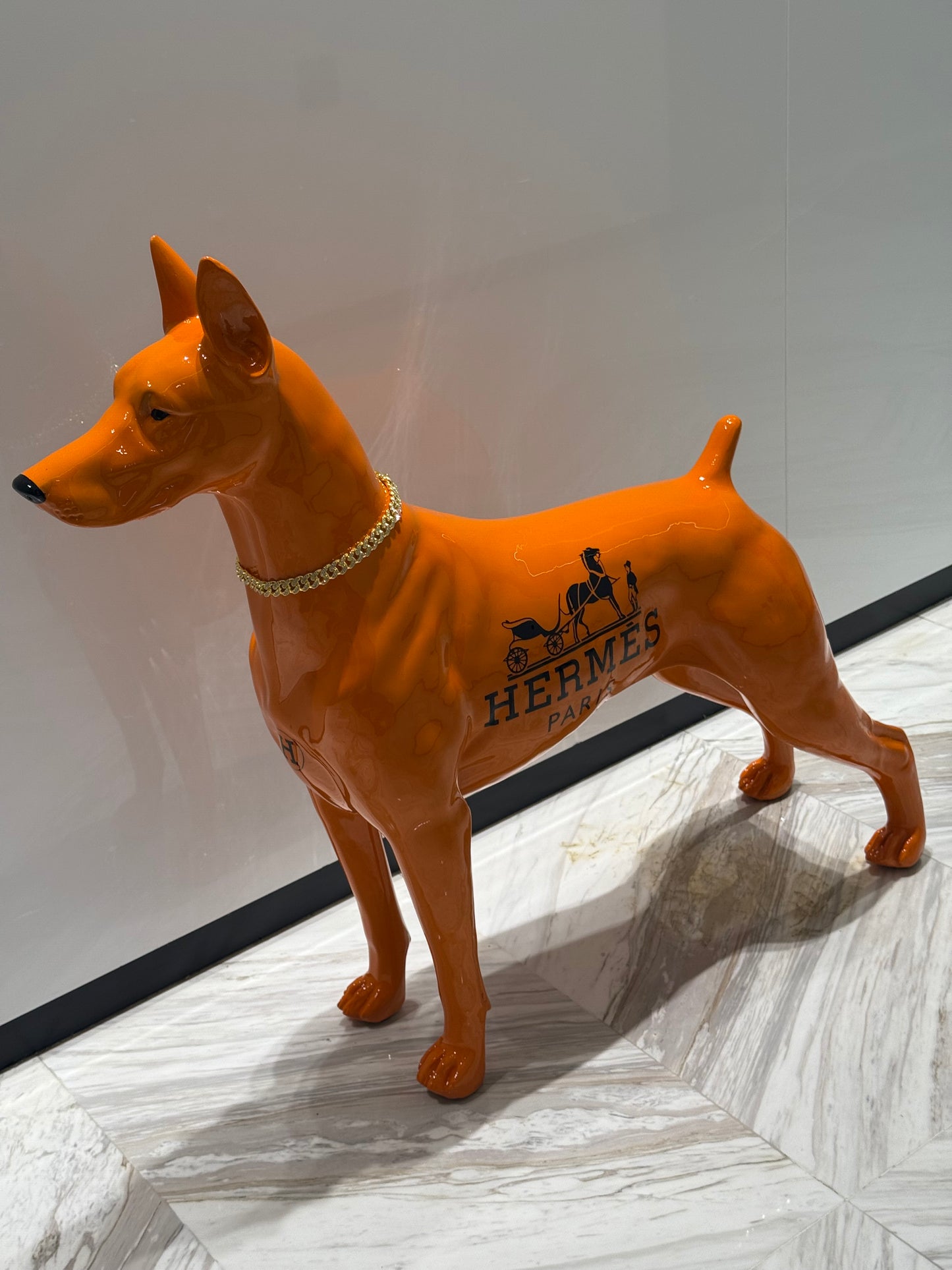 Luxury Orange Hermes Dog Sculpture with Designer Accents Limited 001