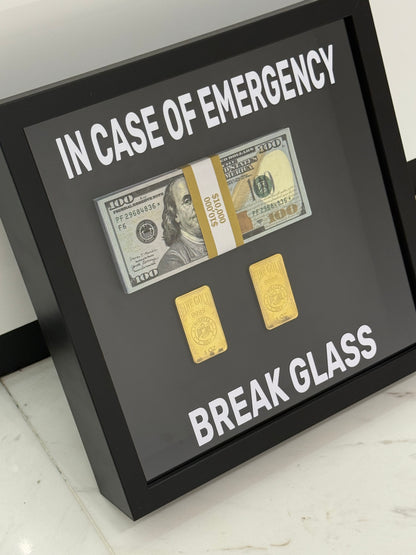 In Case of Emergency Break Glass Fine Gold and Dollar Box Frame black