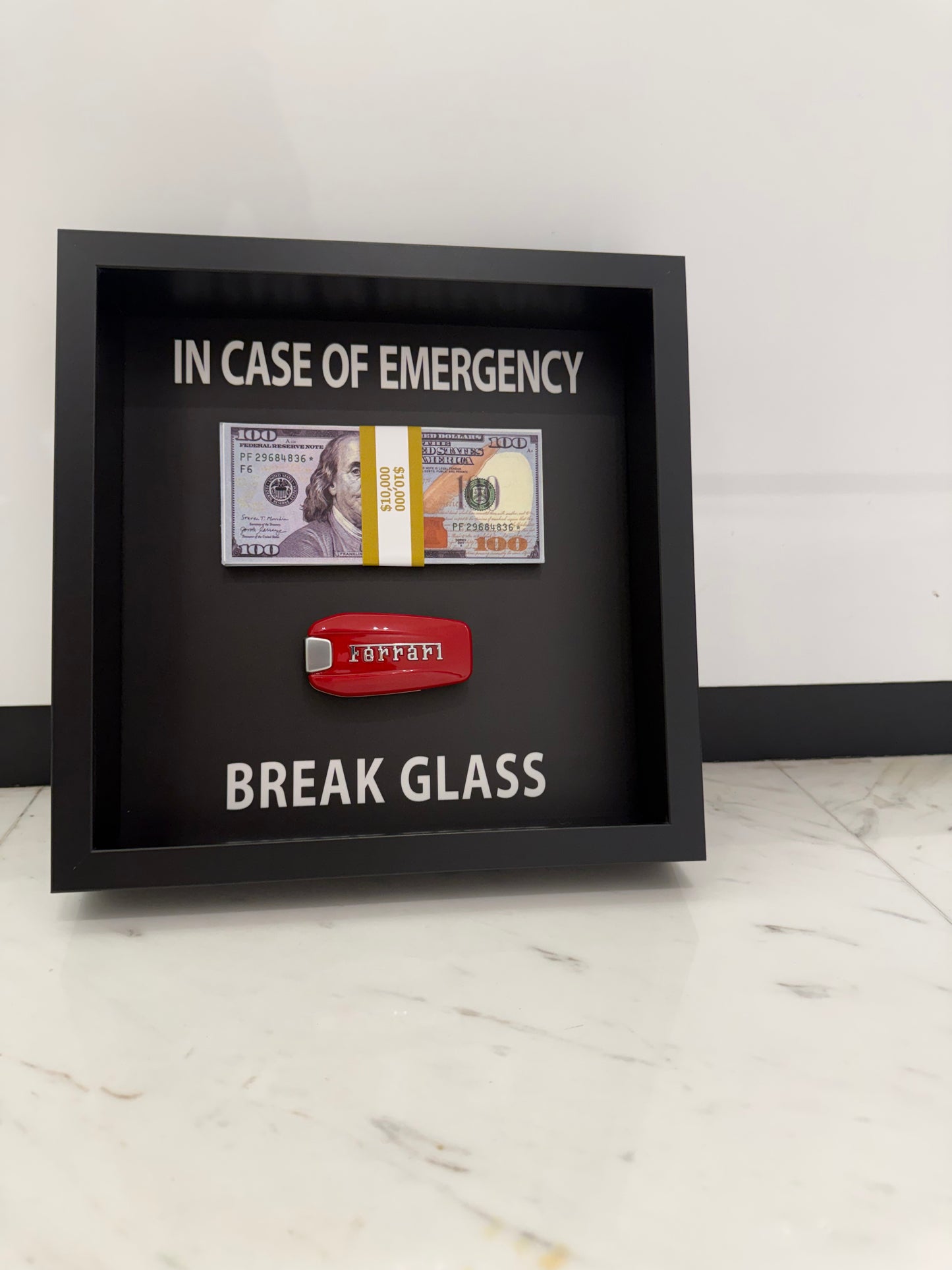 In Case of Emergency Box Frame – Ferrari Key & Luxury Cash Stack