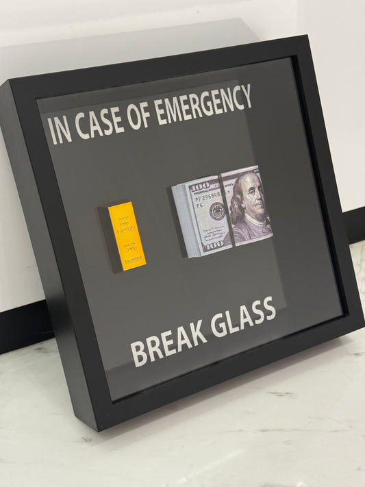 In Case of Emergency - Break Glass 
 Luxury Dollar Stack & Gold Bar Box Frame – Wealth in Art