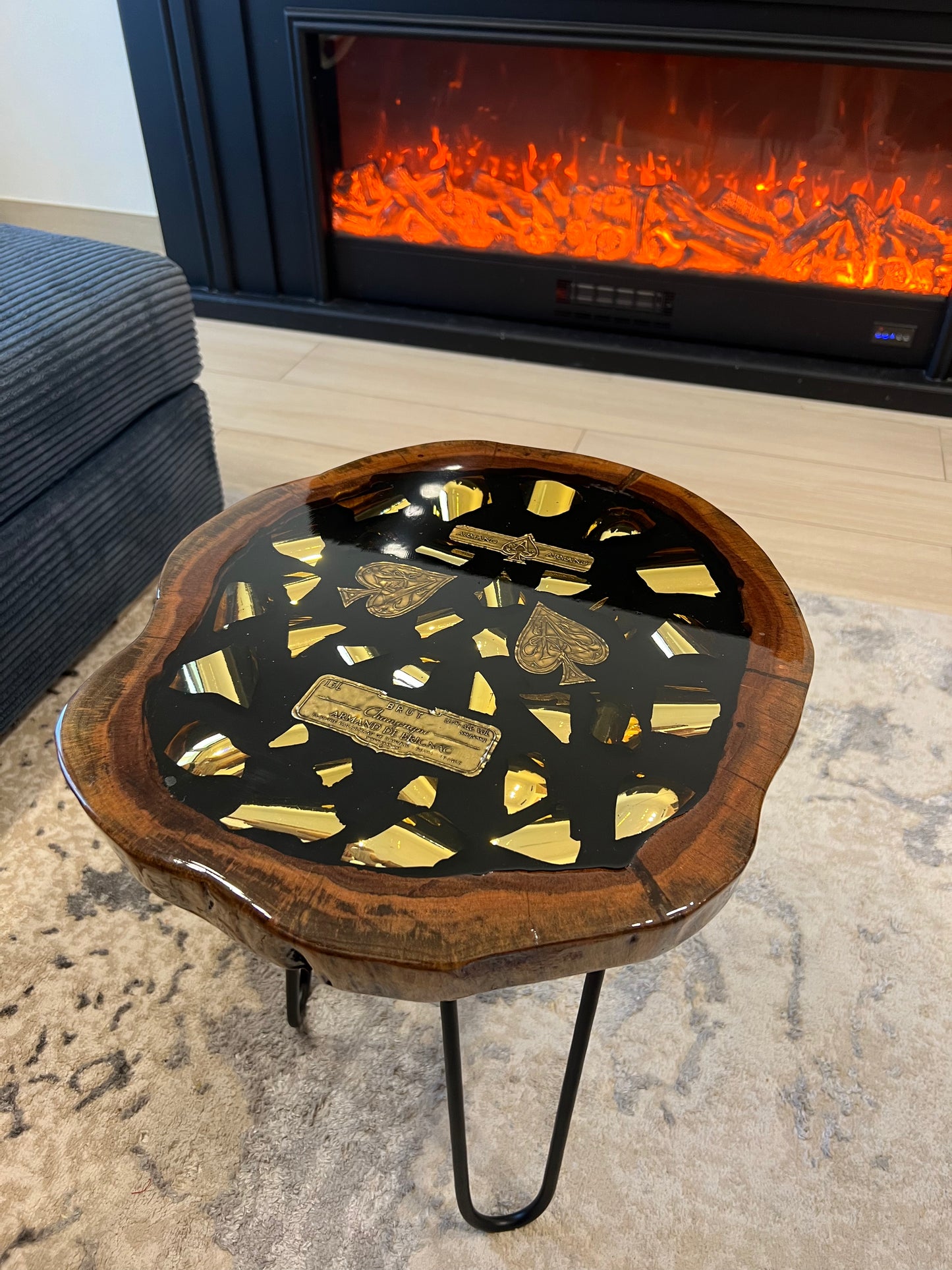 Wood ACE Side Table Broken Bottle Art