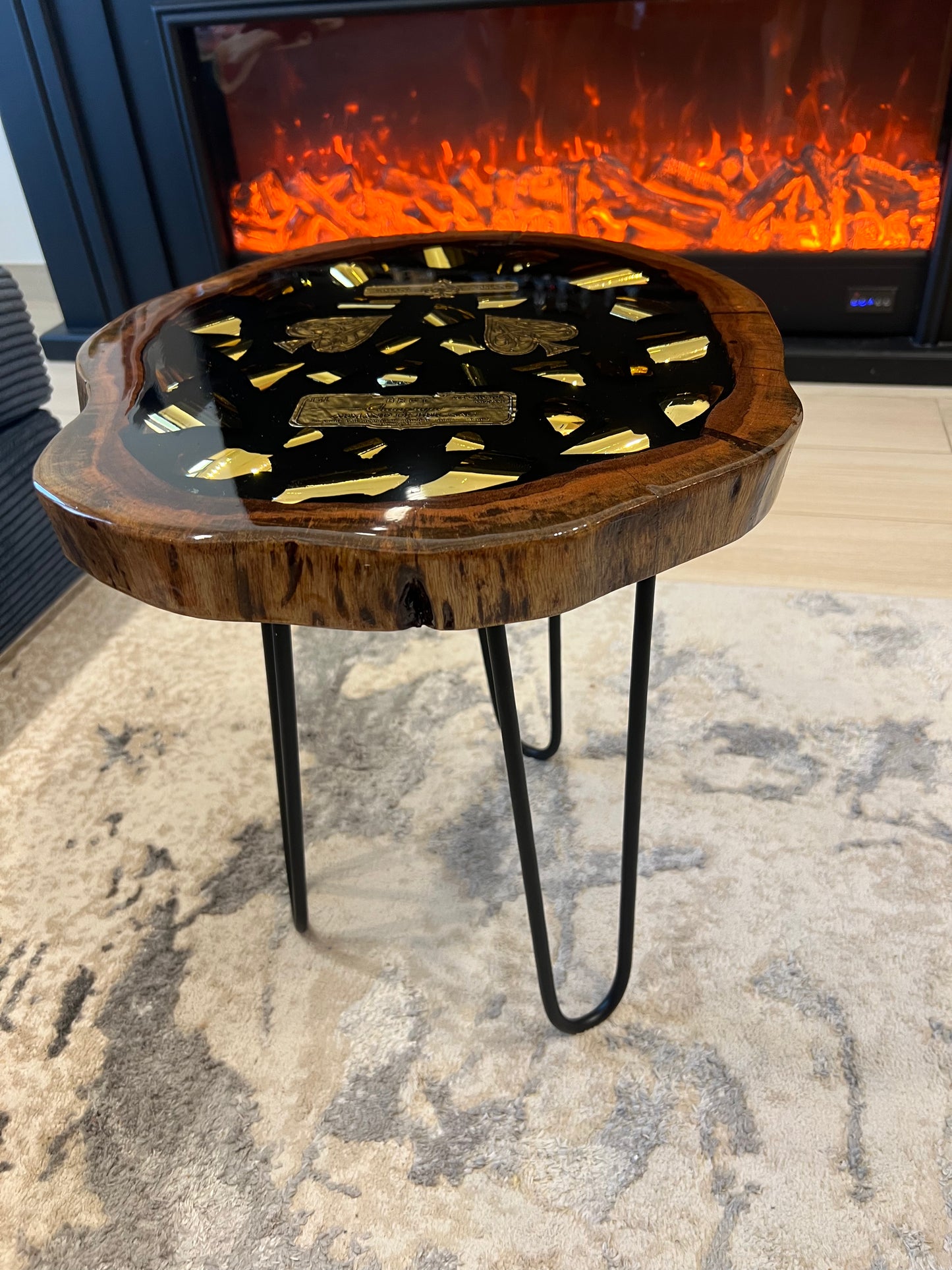 Wood ACE Side Table Broken Bottle Art