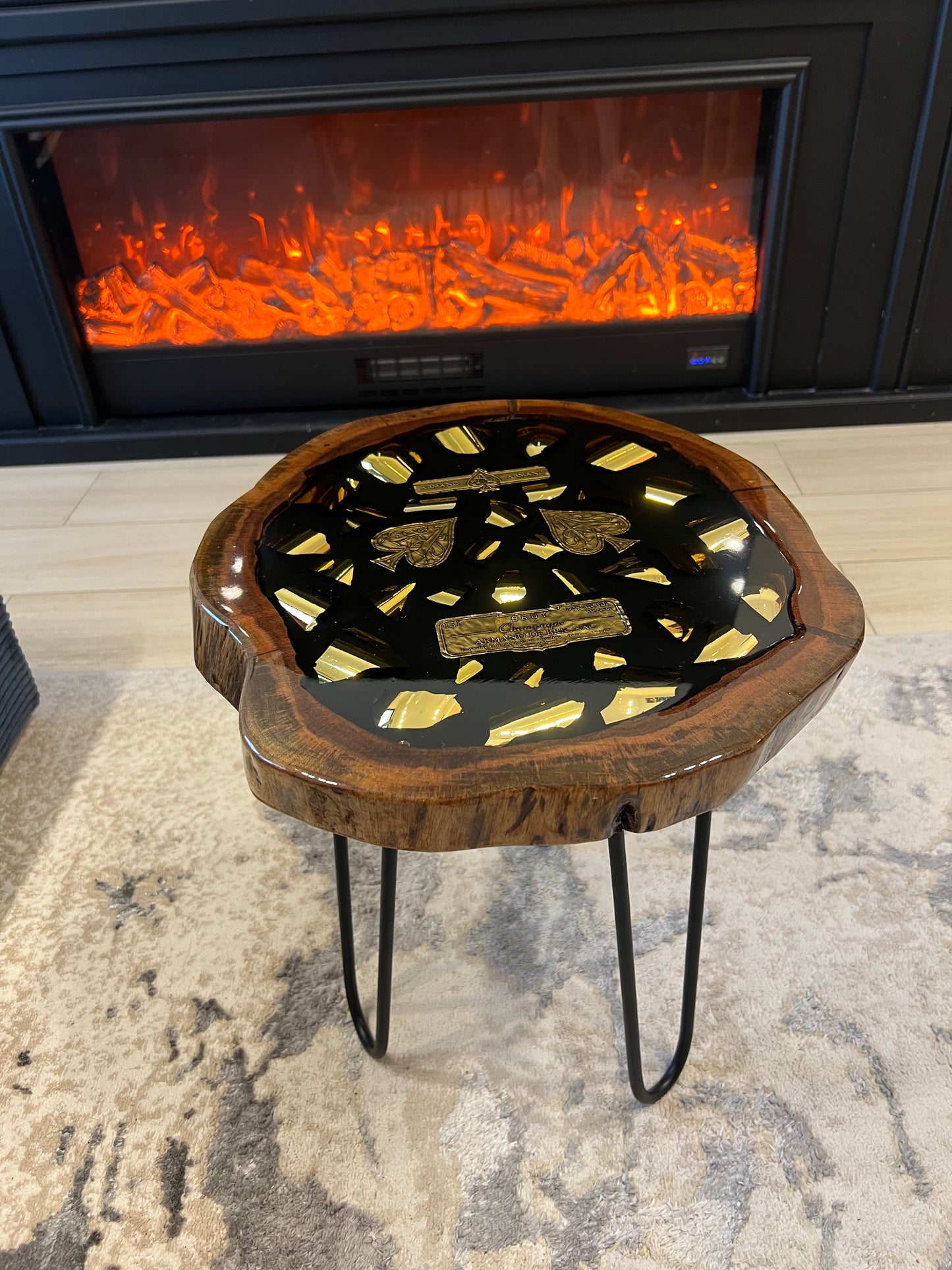 Wood ACE Side Table Broken Bottle Art