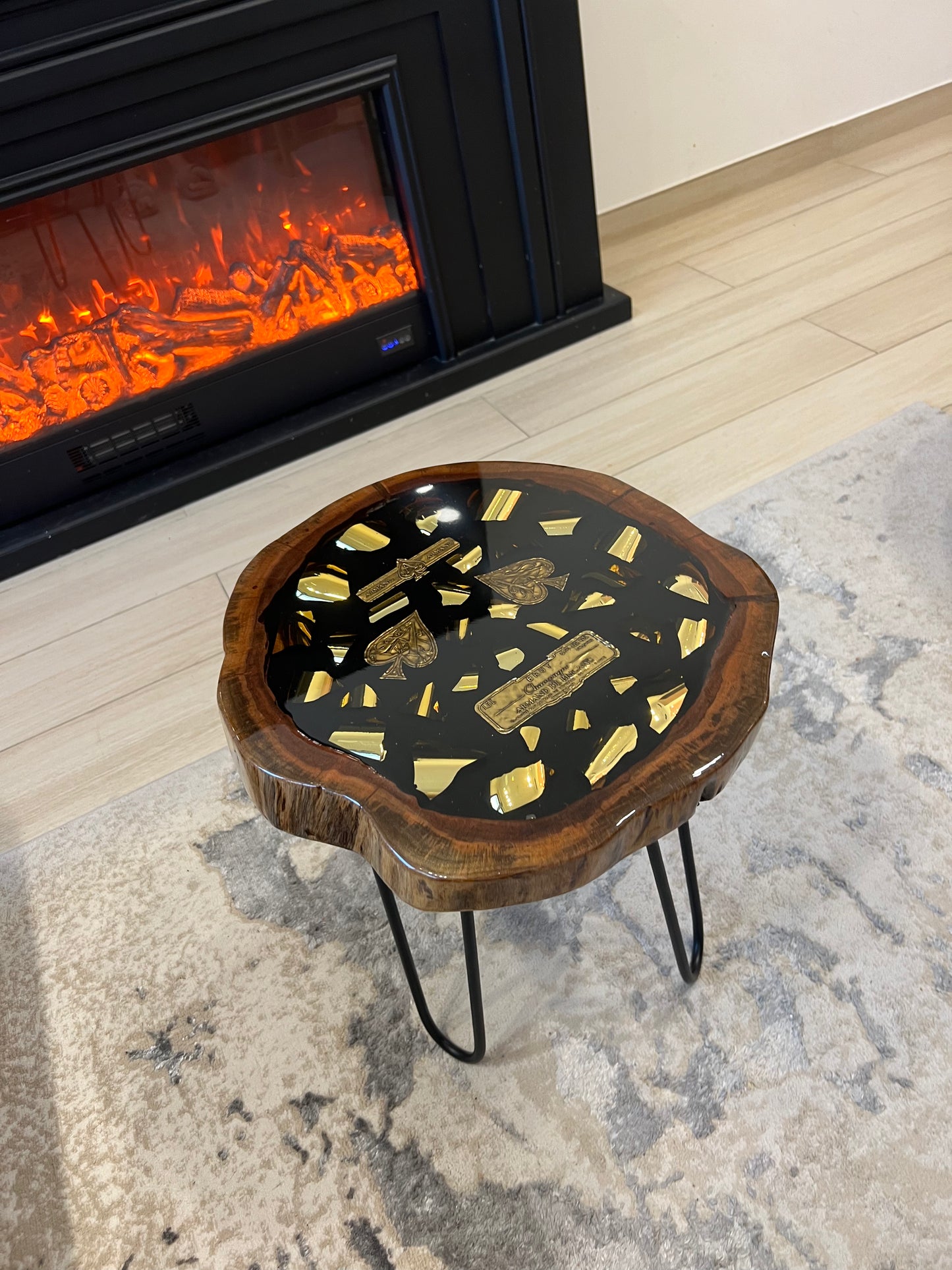 Wood ACE Side Table Broken Bottle Art