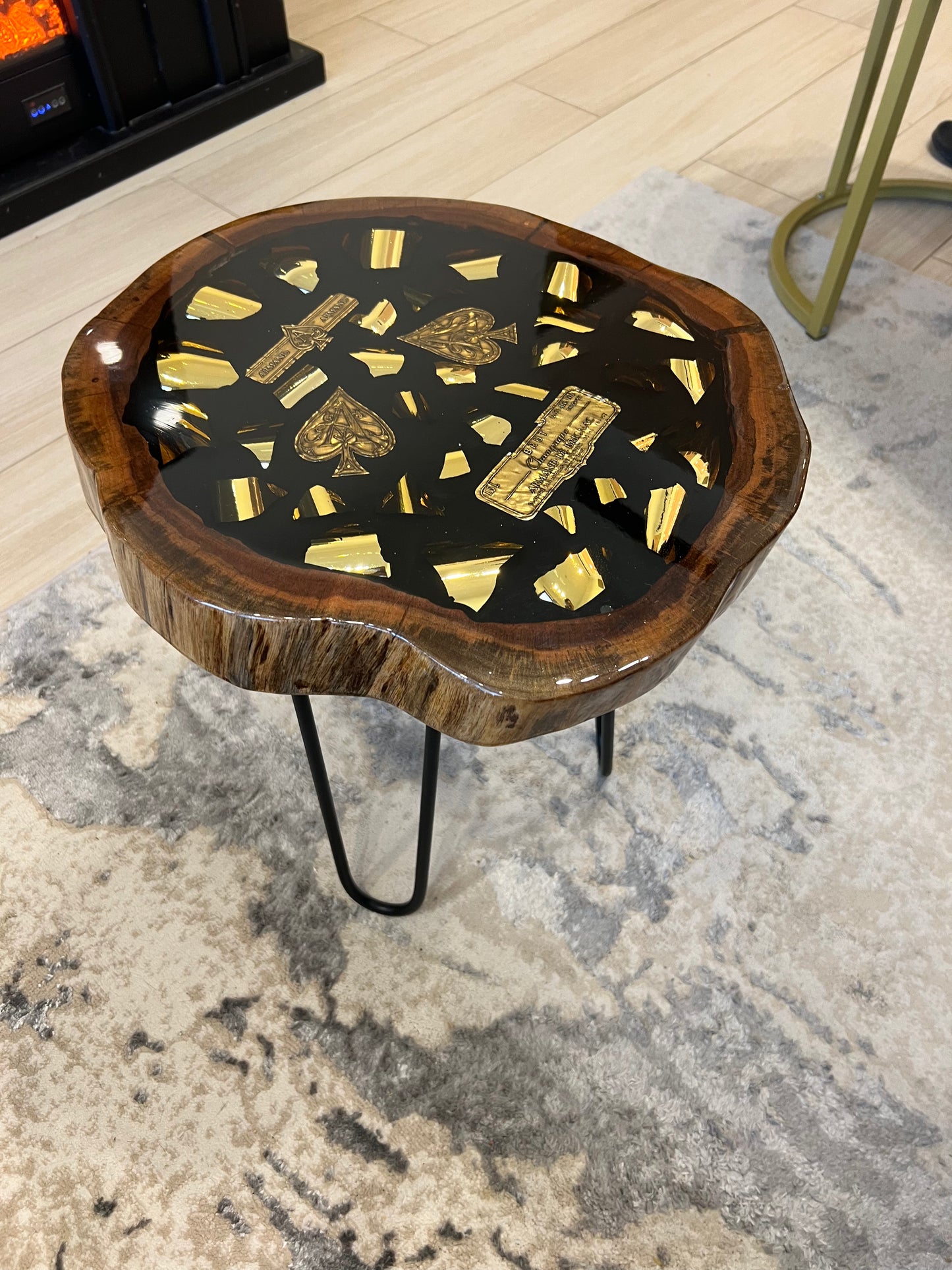 Wood ACE Side Table Broken Bottle Art