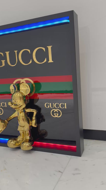 Golden Mickey in Gucci Box Frame with Light – Luxury Art That Shines