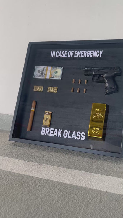 In Case of Emergency Break Glass Gun Gold and Dollar Big Box Frame black