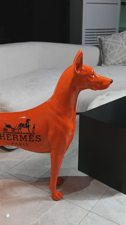 Luxury Orange Hermes Dog Sculpture with Designer Accents Limited 001