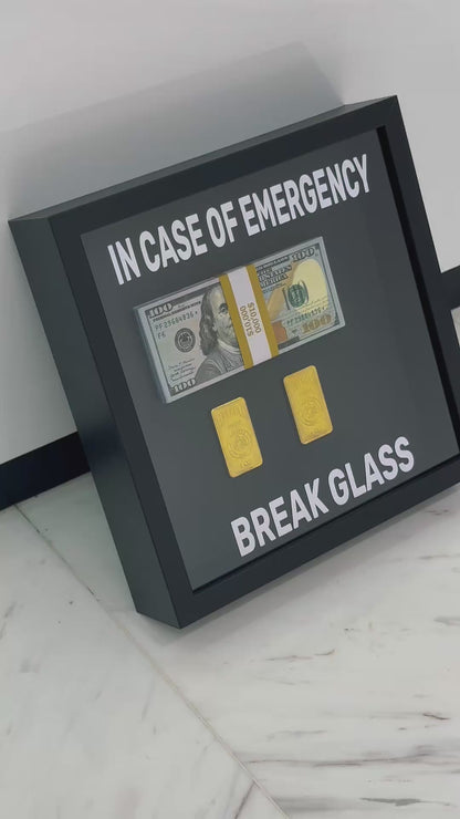 In Case of Emergency Break Glass Fine Gold and Dollar Box Frame black
