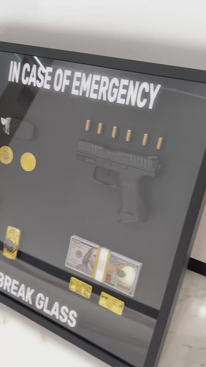 In Case of Emergency Break Glass Lamborghini key Gun Gold and Dollar Big Box Frame black